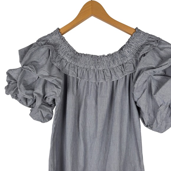 MISA Los Angeles Pinstripe Smocked Ruffle Cotton Dress Womens Large Puff Sleeves - Picture 5 of 7